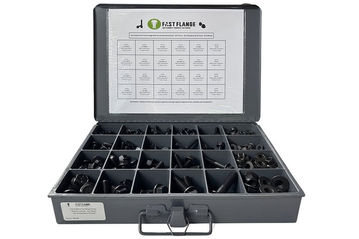 Grade 8 Hex Frame Flange Bolts & Lock Nuts Assortment - 447 Pieces - Zinc Phosphate & Oil Finish - Kit