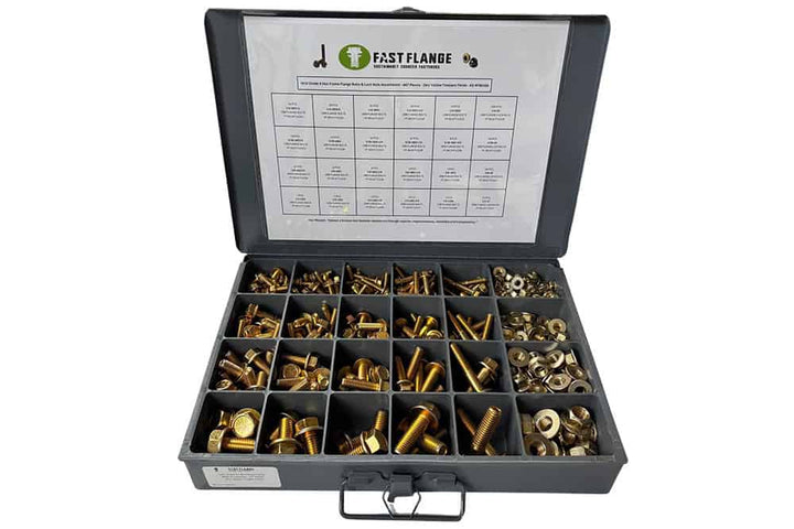 Grade 8 Hex Frame Flange Bolts &amp; Lock Nuts Assortment - 447 Pieces - Zinc Yellow Trivalent Finish - Kit